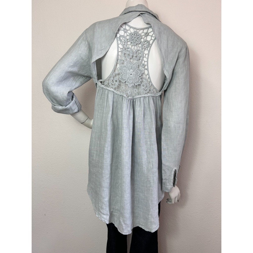 Angela Mara Linen Button Up Top Crochet Back Roll Tab Sleeve Grey Size Large - Picture 4 of 8